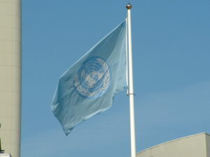 UN Flag flying in the wind.