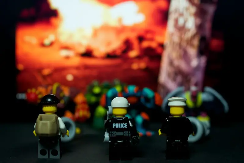 Lego Police looking over a burning city.