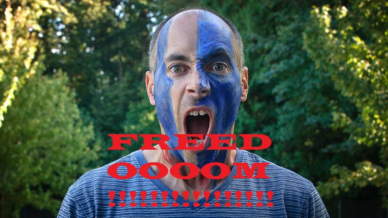 Man with Braveheart blue face paint with the Freedoooom!!!!! written below